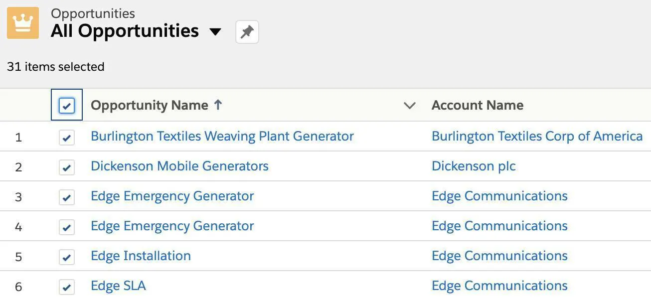 Vue de liste All Opportunities (Toutes les opportunités) avec tous les enregistrements sélectionnés