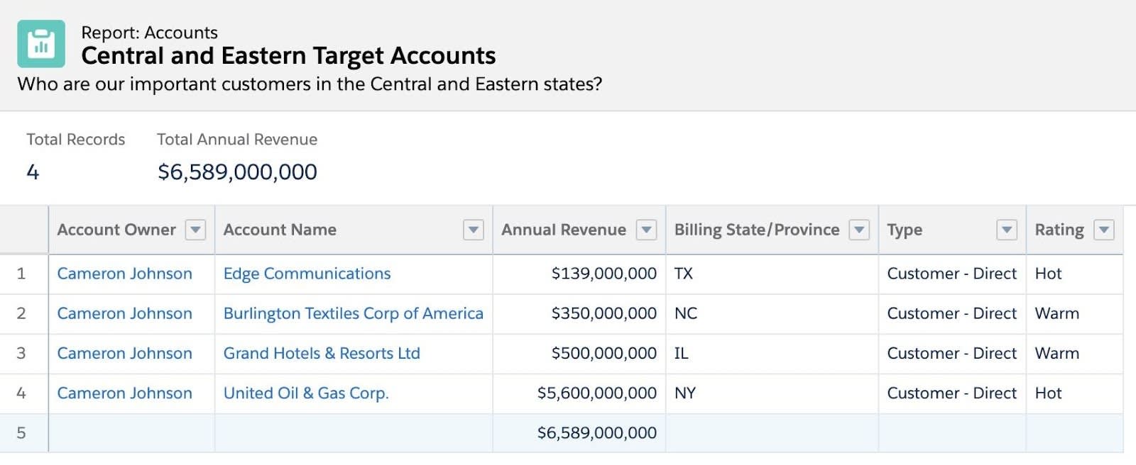Central Eastern Target Accounts (合衆国中部および東部の重要取引先) レポート