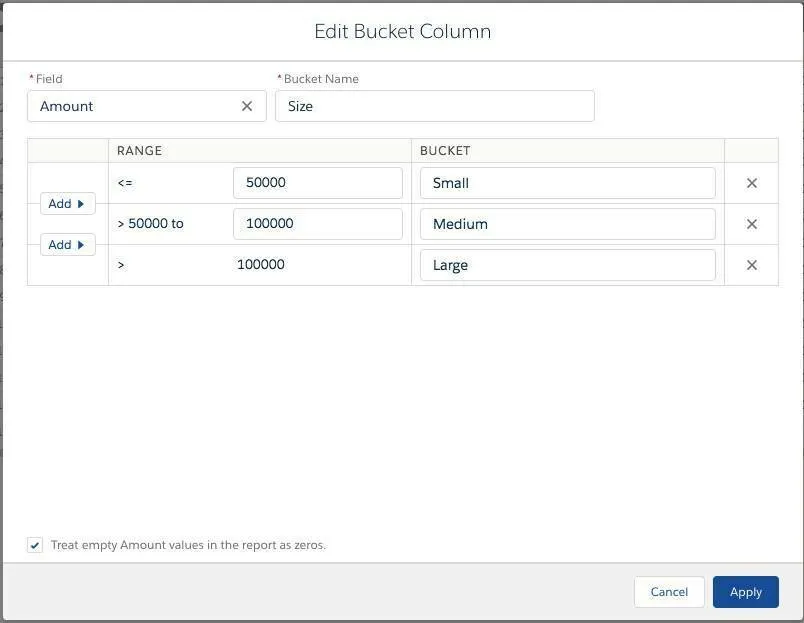 Example of the Edit Bucket Column setup.