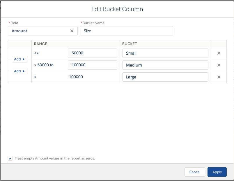 [Edit Bucket Column (バケット列を編集)] 設定の例。