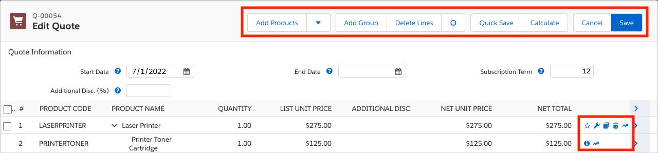 Quote Line Editor with buttons highlighted in the header and on individual lines.