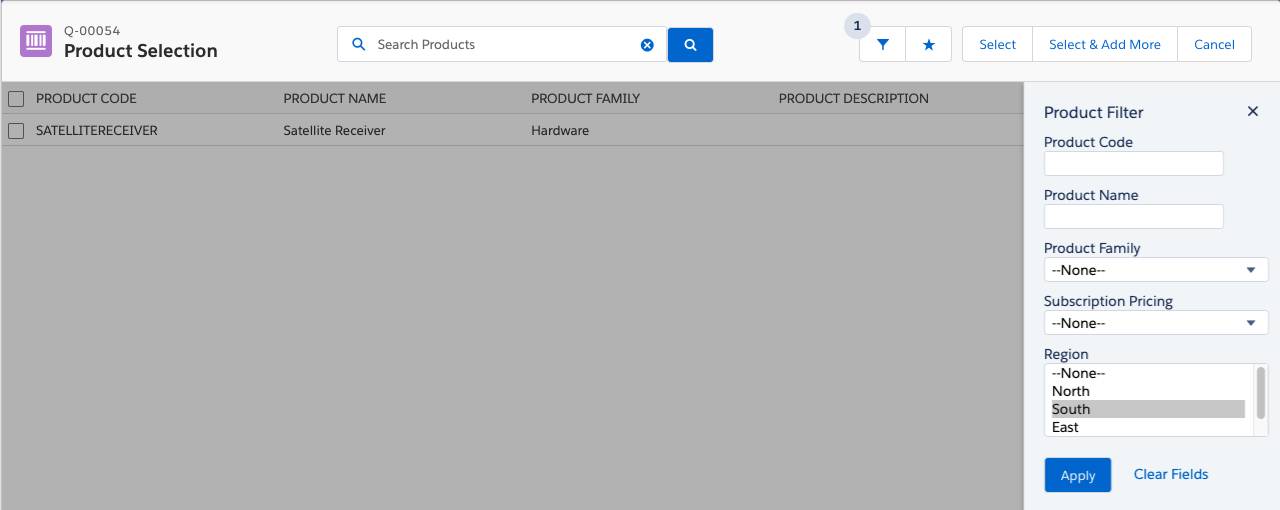 Product Selection page with South selected in the Region filter.