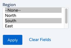 Region filter with both None and South values selected.