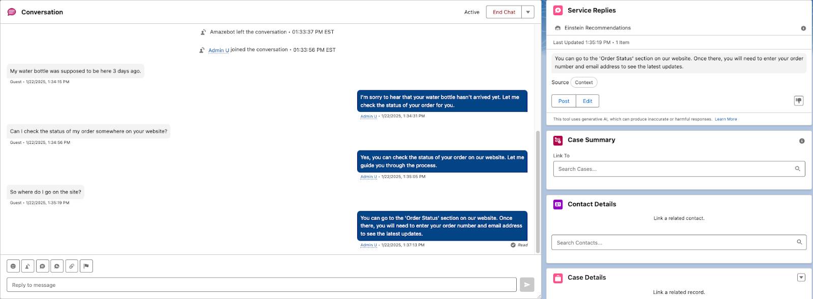 Example from Service Replies generated by Einstein Recommendations.