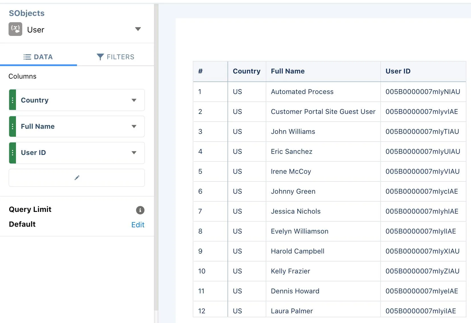 query with Country, Name, and Id as the only columns displayed.