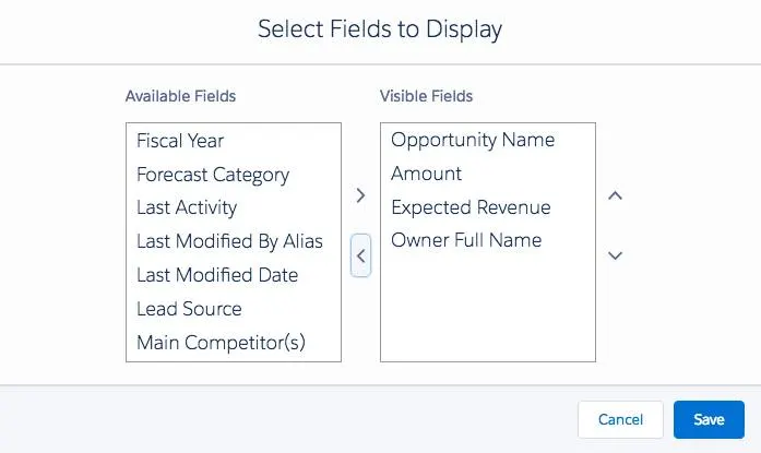 Capture d’écran de la liste Available Fields (Champs disponibles)