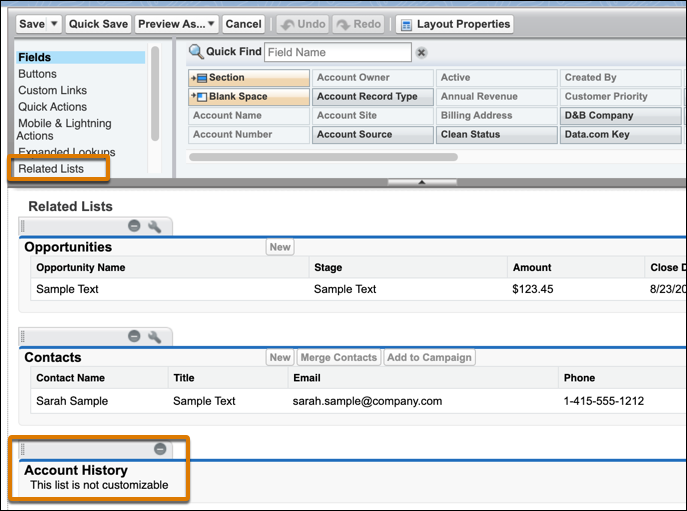 Présentation de page mettant en évidence l’option Related List (Liste associée) dans la palette et la section Account History (Historique des comptes) en dessous.