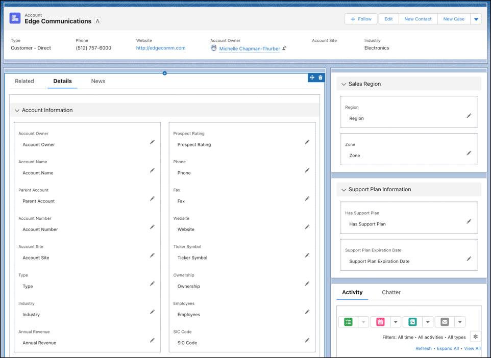 A Customer Account Page (Página Conta de cliente) com as seções Sales Region (Região de vendas) e Support Plan Information (Informações do plano de suporte) movidas para a região direita da página.