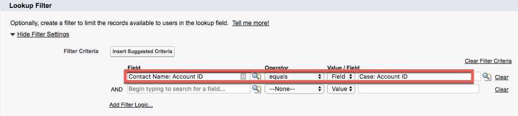 Nachschlagefilter mit ausgefüllten Werten für 'Field (Feld)', 'Operator' und 'Value/Field (Wert/Feld)' für die neue Nachschlagebeziehung im Kundenvorgangsobjekt.