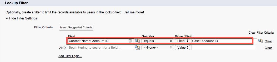 Lookup Filter (Filtro de búsqueda) mostrando Field (Campo), Operator (Operador) y Value/Fueld (Valor/Campo) rellenados para una nueva relación de búsqueda en el objeto Case (Caso).