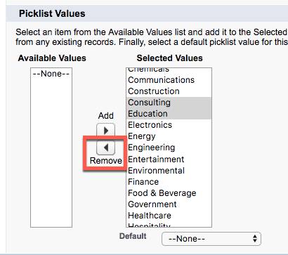 Picklist values list showing available and selected values, highlighting the Remove arrow.