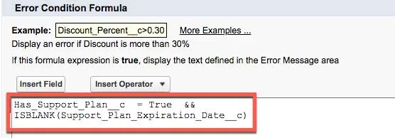 Error Condition Formula screen showing Support plan expiration date validation rule formula.