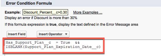 Pantalla Error Condition Formula (Formula de condición de error) mostrando la fórmula de la regla de validación Support plan expiration date (Fecha de caducidad del plan de asistencia).