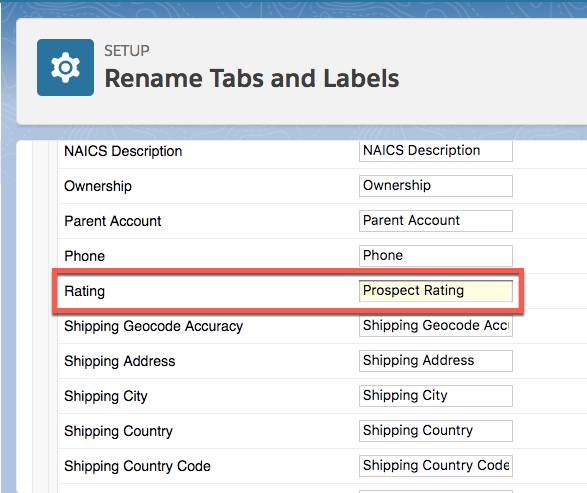 Tela Rename Tabs and Labels (Renomear guias e rótulos) mostrando o nome do campo Rating (Classificação) alterado para Prospect Rating (Classificação de cliente potencial).