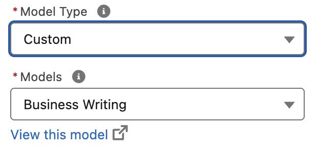 Model Type set to Custom and Models set to Business Writing.