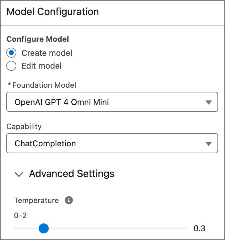 The Model configuration showing Create Model selected and the Temperature set to 0.3.