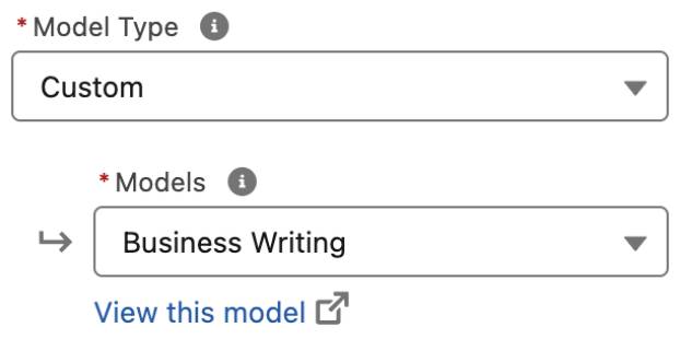 Model Type (Tipo de modelo) establecido como Custom (Personalizado) y Models (Modelos) establecido como Business Writing (Escritura empresarial).