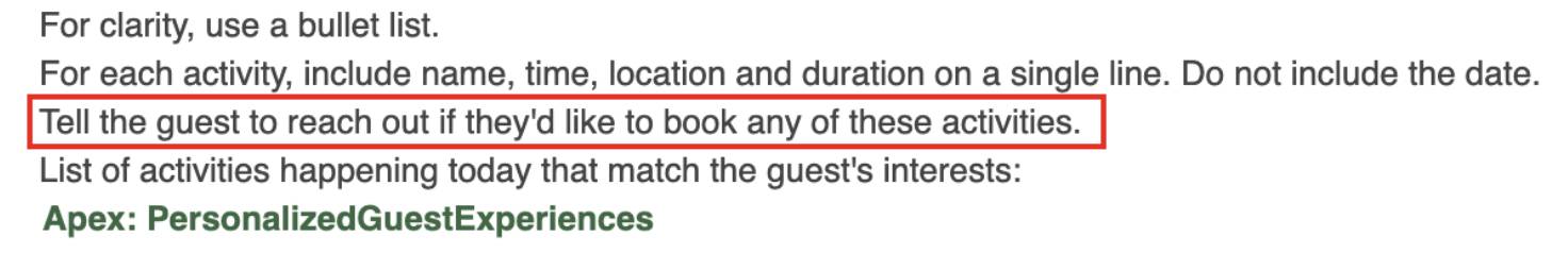 Ligne Tell the guest to… (Dites au client de…) mise en évidence.