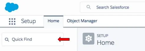 Flèche pointant vers la zone de texte Quick Find (Recherche rapide) dans Setup (Configuration).