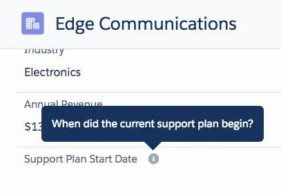 [Support Plan Start Date (サポートプラン開始日)] 項目のヘルプアイコンテキストが表示されている Edge Communications のレコード詳細の拡大画像