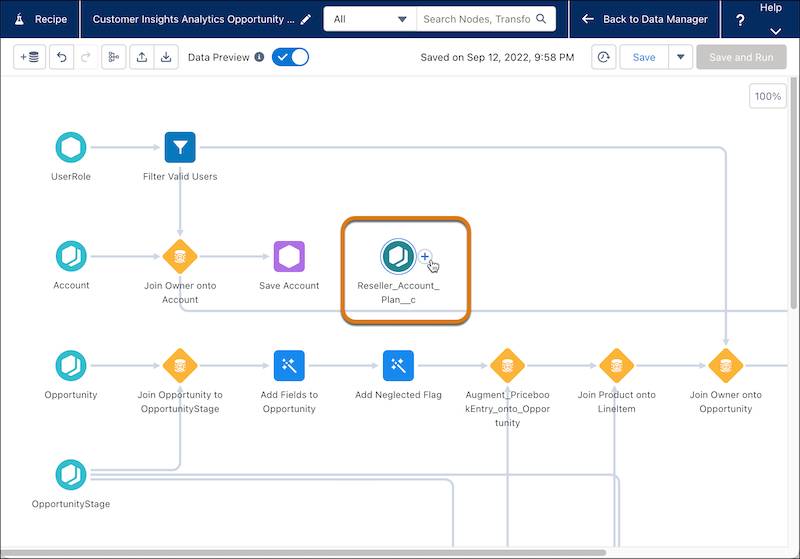 Click the + sign next to the Reseller_Account_Plan__c object and drag it over the Account input object