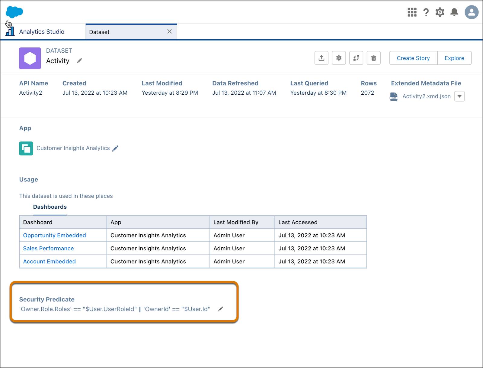 Analytics studio with Security Predicate highlighted.