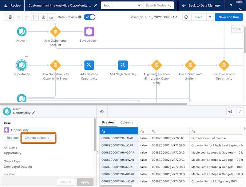 Select Change Columns to add a custom amount field