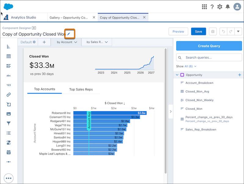 Rename the Opportunity Closed Won dashboard component