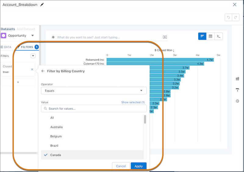 Adding a filter condition: Billing Country equals Canada