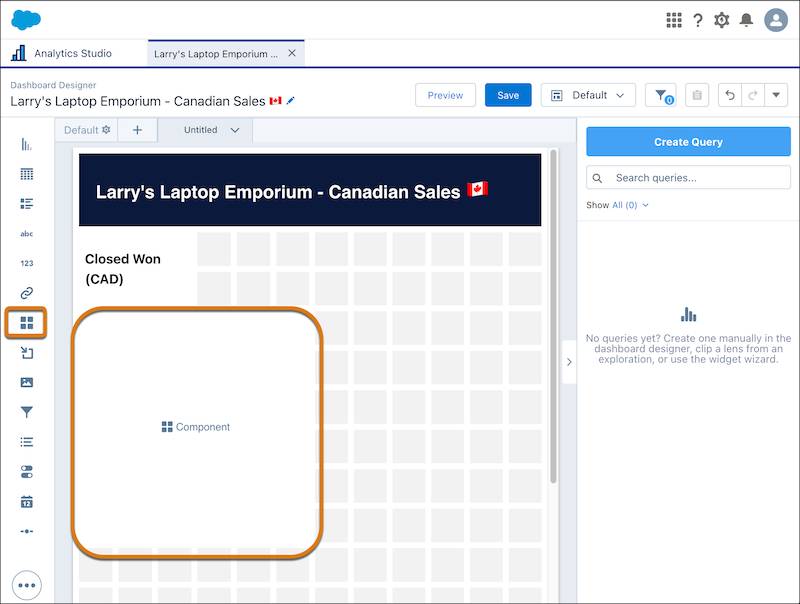 Adding the component widget to Larry’s Laptop Emporium dashboard