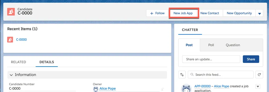 Candidate record with the New Job App button highlighted