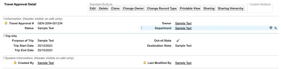 The customized Travel Approval Layout.