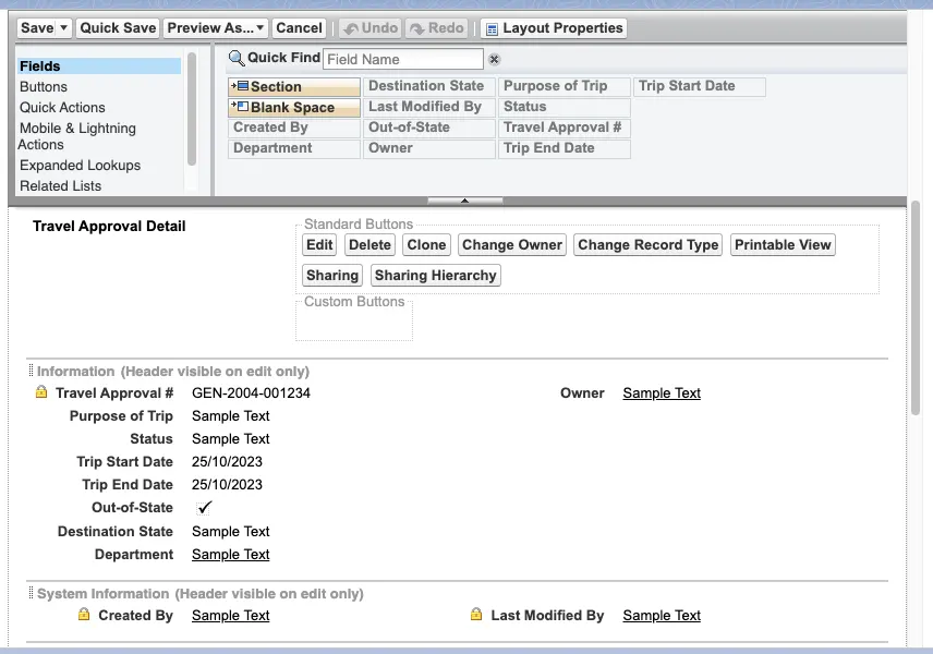 The default Travel Approval Layout. 