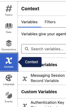 Agentforce Builder の [Context (コンテキスト)] メニュー。