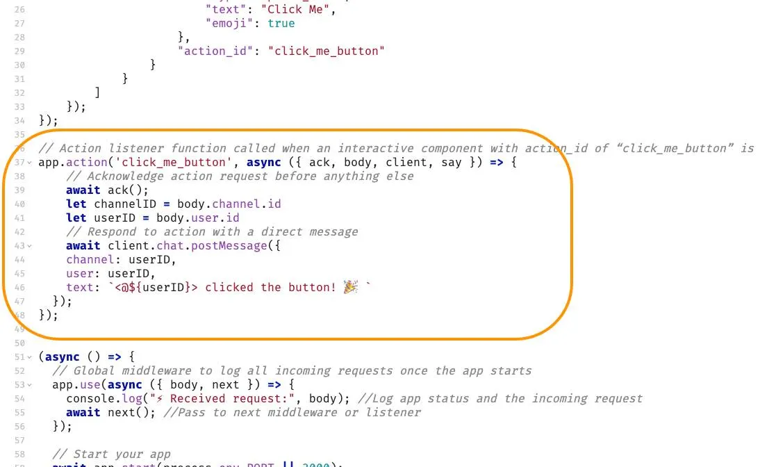 app.action code entered as instructed above, with the code highlighted by an orange box