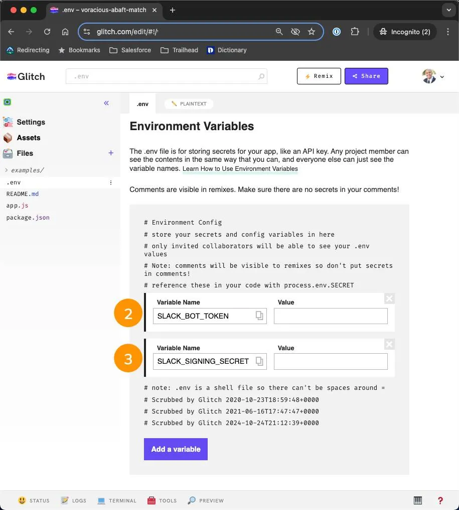 .env file with SLACK_BOT_TOKEN marked with a 2, and SLACK_SIGNING_SECRET marked with a 3 corresponding to the instructions above