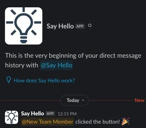 Direct message from Say Hello app, @New Team Member clicked the button! With a party popper emoji.