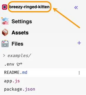 Glitch project navigation menu with the name breezy-ringed-kitten highlighted with a red box and arrow.