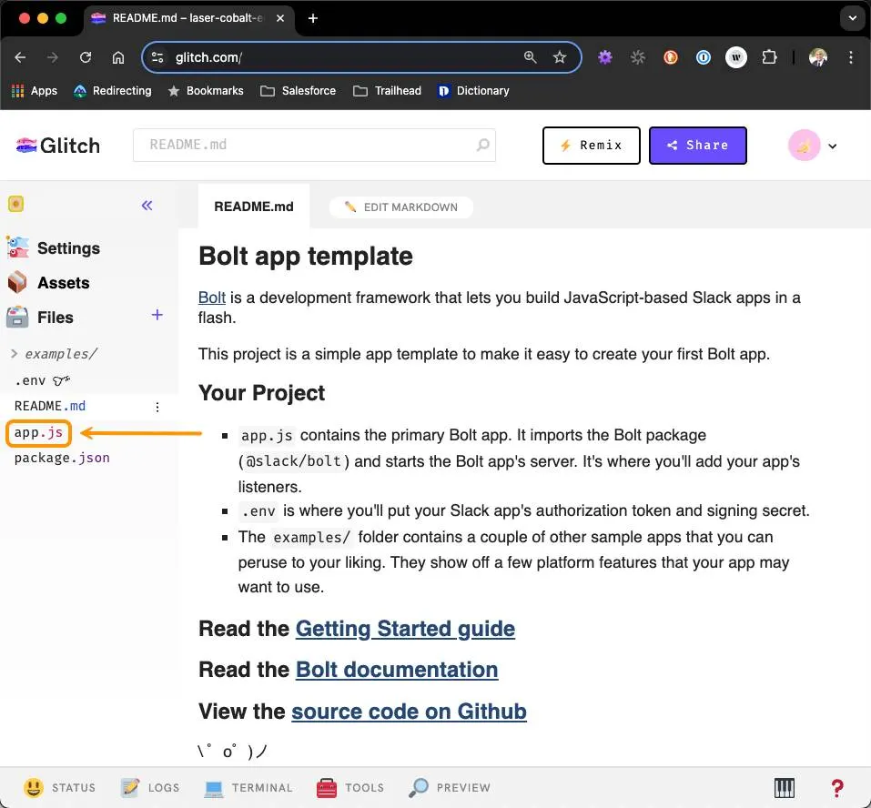 Glitch project open on README.md, with an orange box and arrow highlighting app.js.
