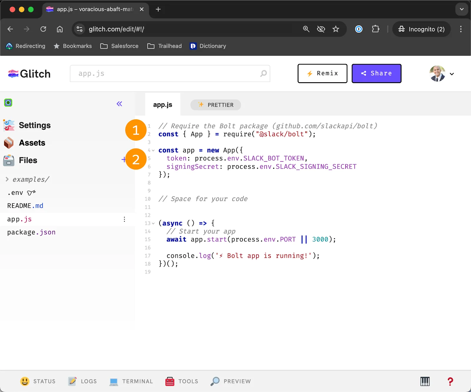 Simple Slack app in Glitch, with the instantiated app code highlighted by an orange circle with a 1 in it, and the app’s code configured to process events highlighted by an orange circle with a 2 in it
