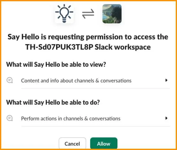 Say Hello is requesting permission to access the TH-Sd07PUK3TL8P Slack workspace.