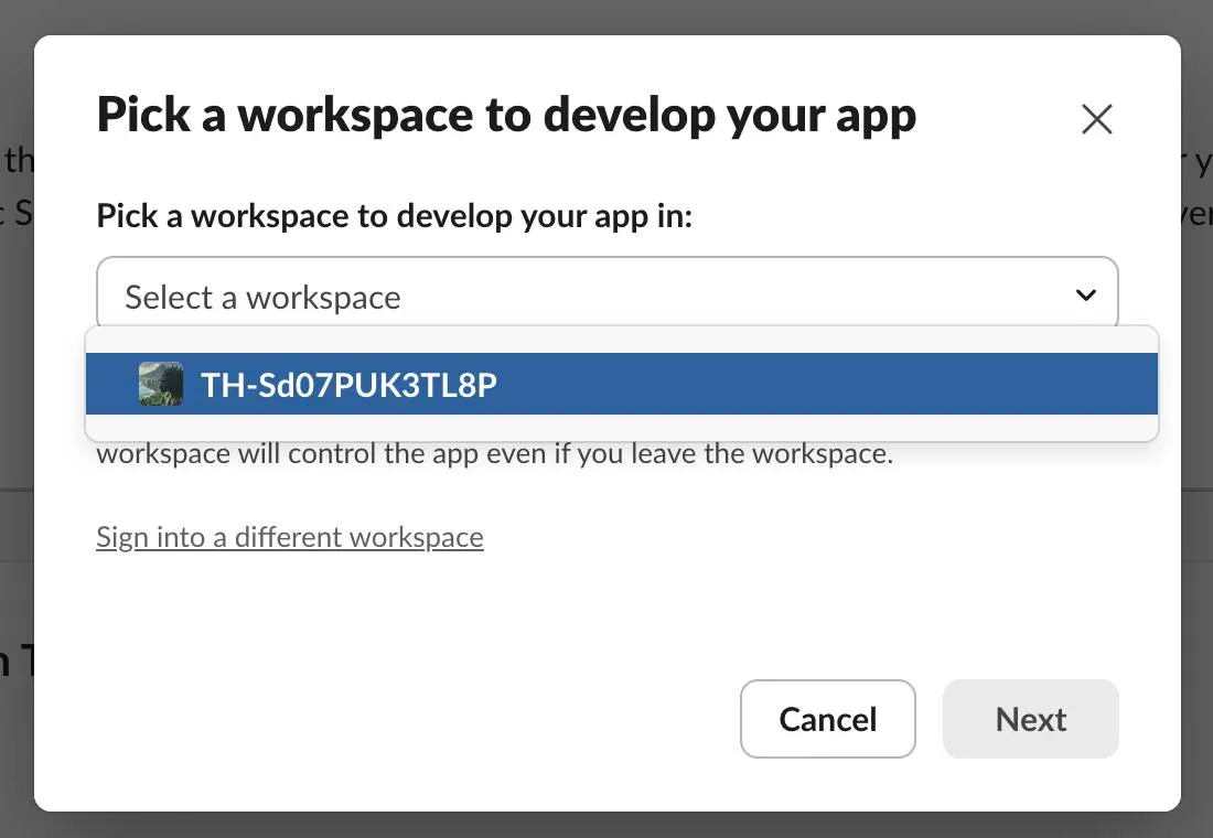 Select a workspace to develop your app modal with the TH-Sd07PUK3TL8P workspace highlighted in the dropdown.