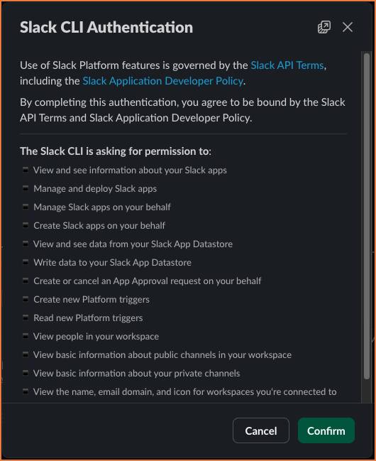 Slack CLI Authentication modal listing the permissions the Slack CLI is asking for, like View and see information about your Slack apps, View and see data from your Slack App Datastore, and View basic information about your private channels