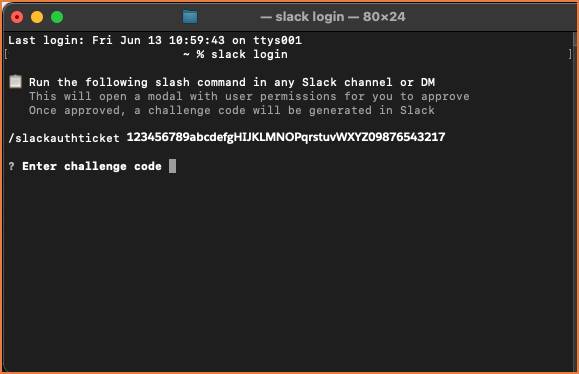 Terminal with the slack login command run, and the Slack CLI response Run the following slash command in any Slack channel or DM, followed by the auth ticket