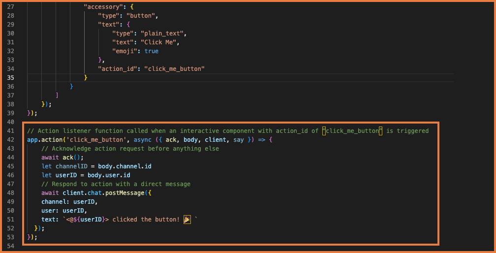 app.action code entered as instructed above, with the code highlighted by an orange box