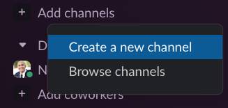 + Add channels menu is displayed and the Create a new channel option is highlighted.