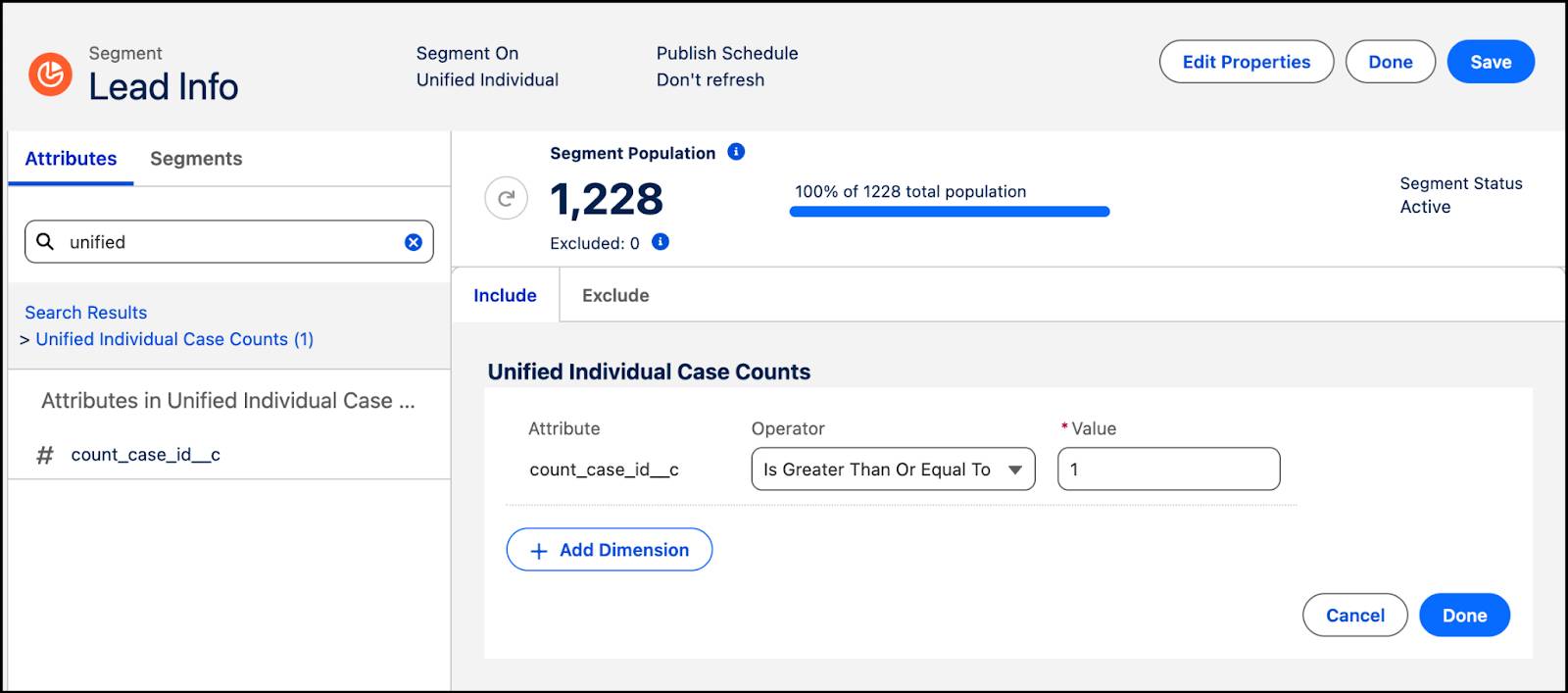 Related attributes with count_case_id_C selected with an operator of Is Greater Than Or Equal to 1.