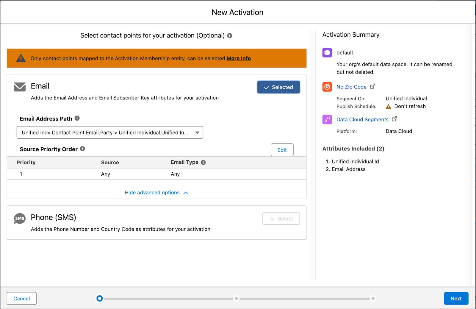 New Activation with email selected.