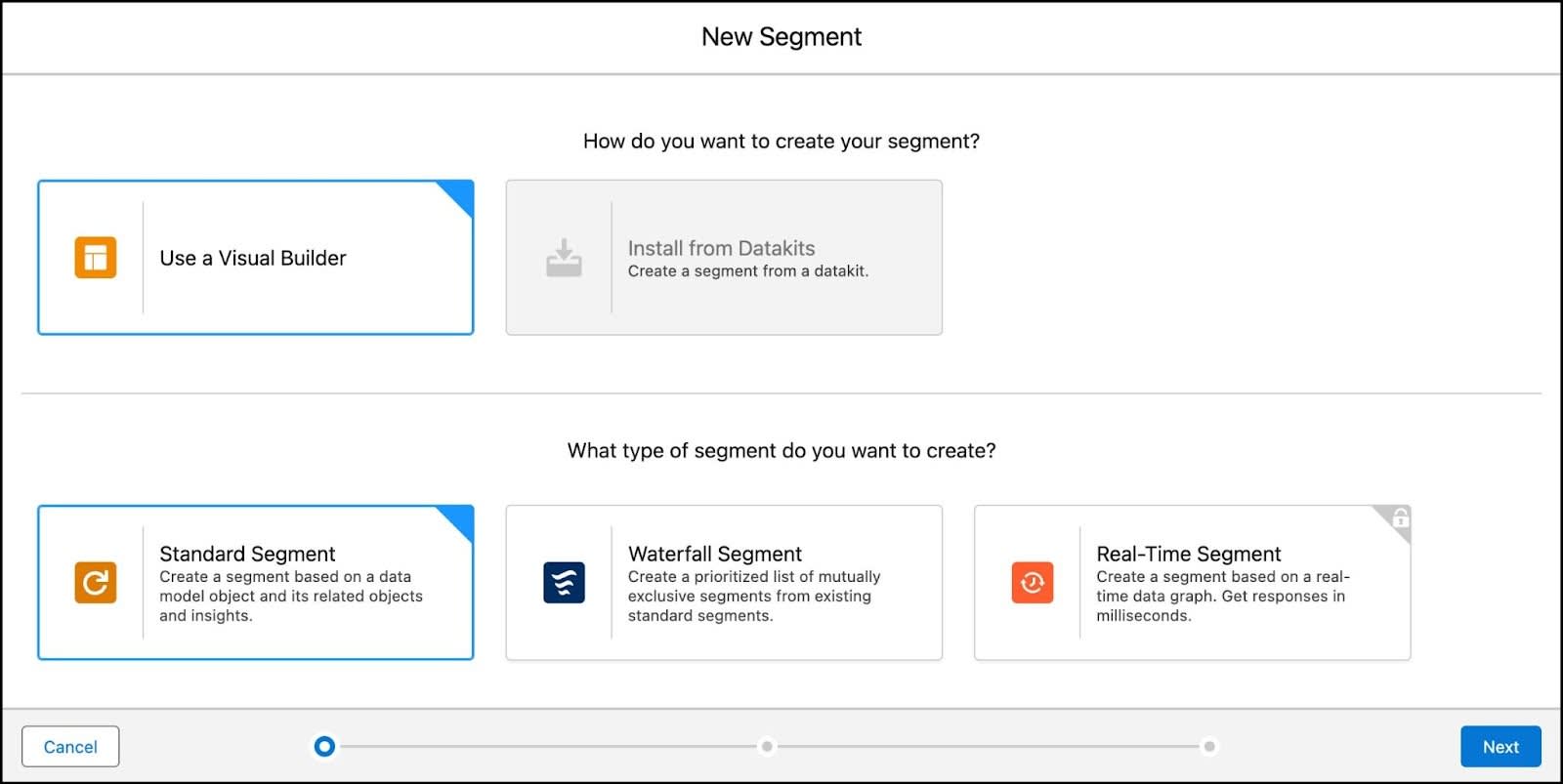 visual builder and standard segment selected.