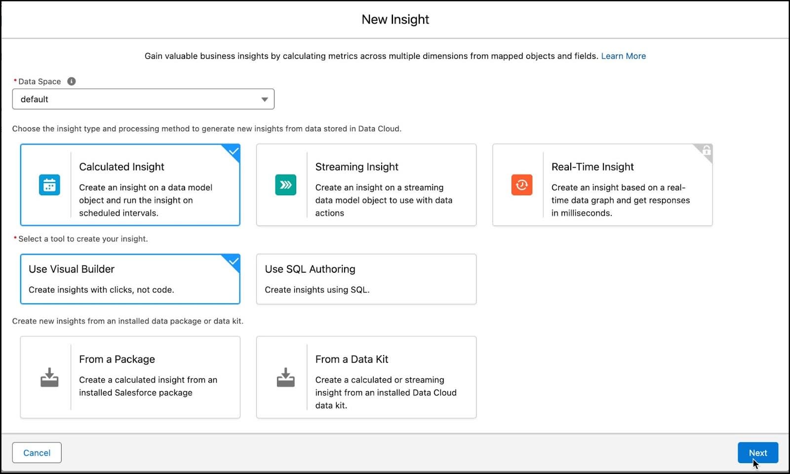 New Insight window with Create with Visual Builder selected.
